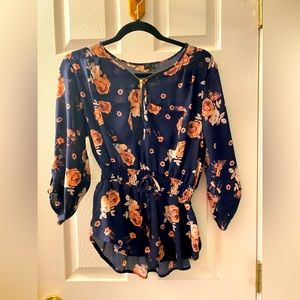 Fancy and stylish blouse dark blue with light pink flowers